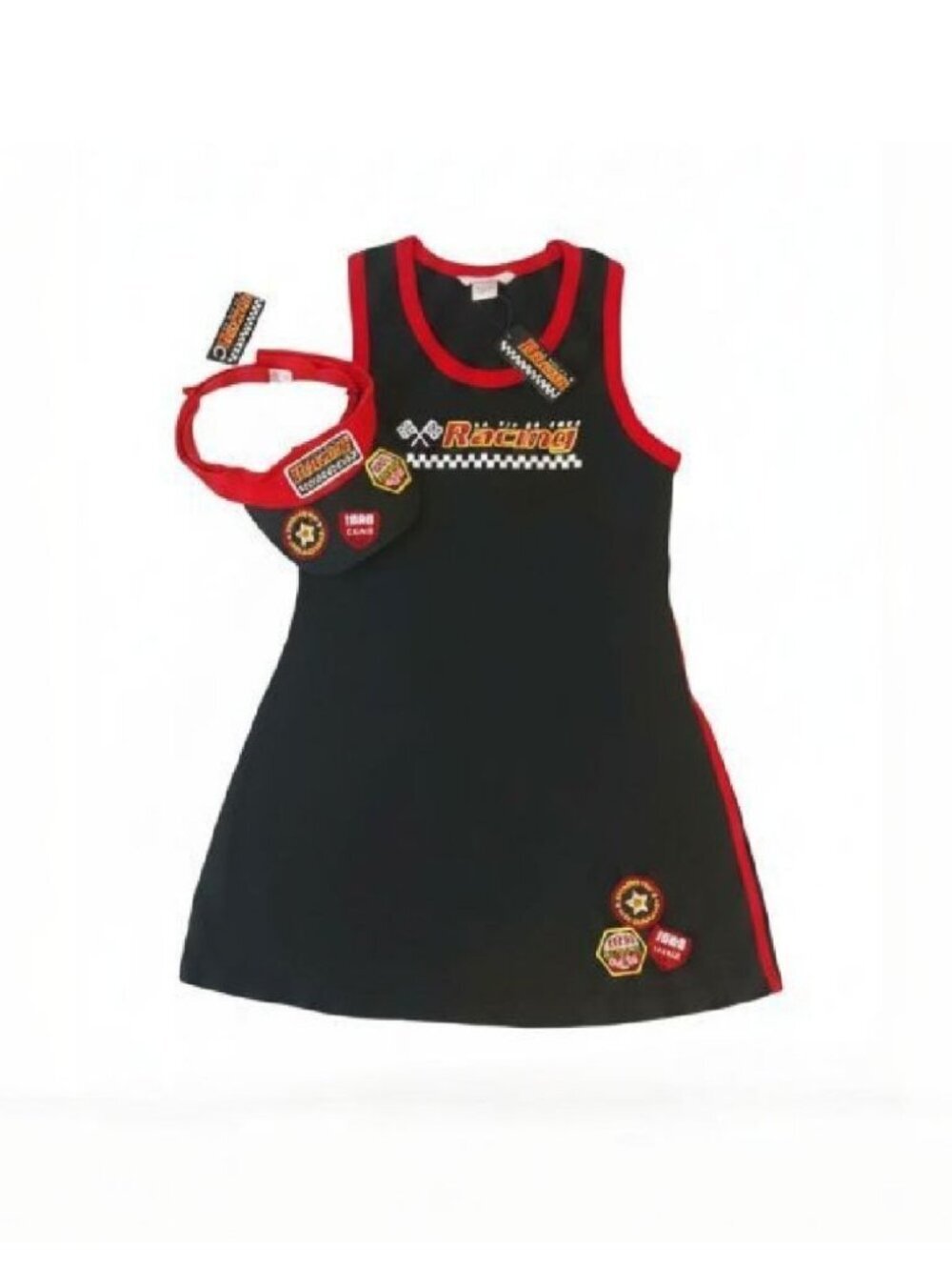 Vintage La Vie En Rose Racing Dress Size Large with matching Viser Hat Black Red